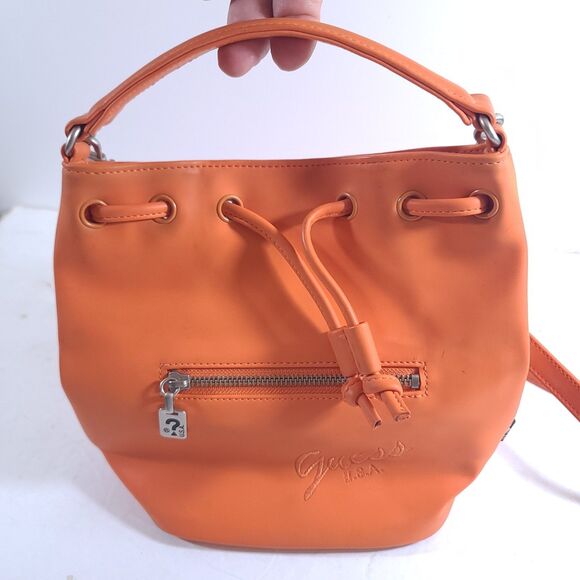 Guess Vintage Y2k Drawstring Closure Crossbady Bucket bag womans Orange Purse - Picture 7 of 15